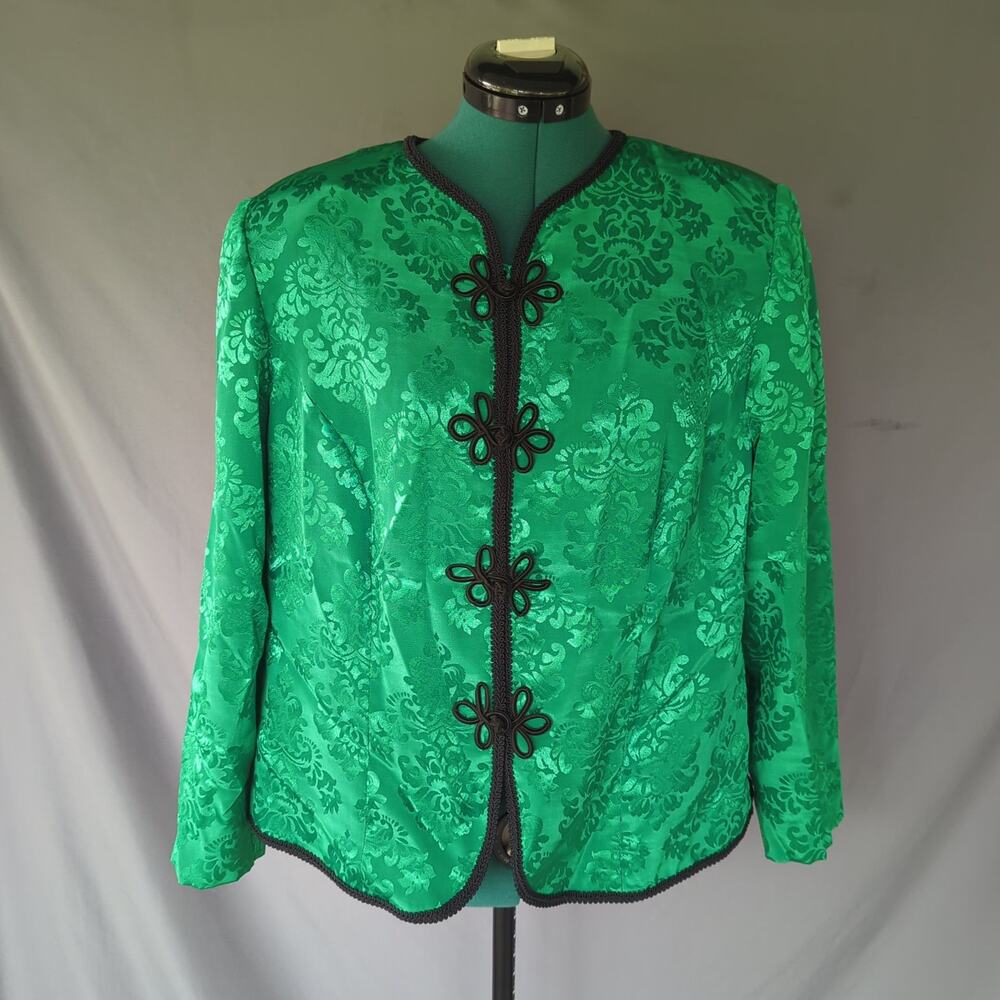 Vintage Leslie Fay Emerald Green Damask Brocade Frog Closure Jacket Women's 14WP